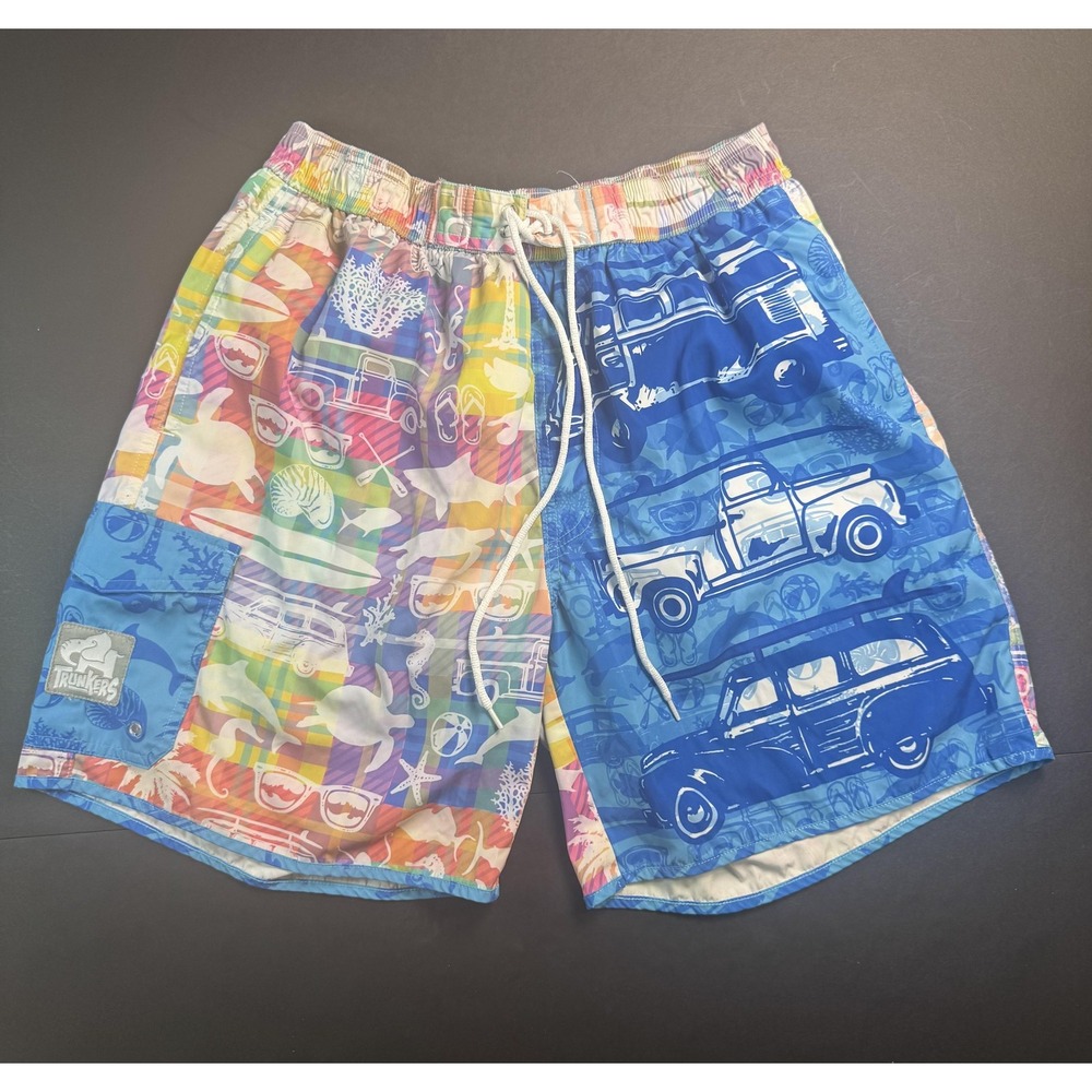 Trunkers Swim Trunks Shorts Mens XL Multicolor Blue Aloha Surf Woody Car Beach - Picture 3 of 7